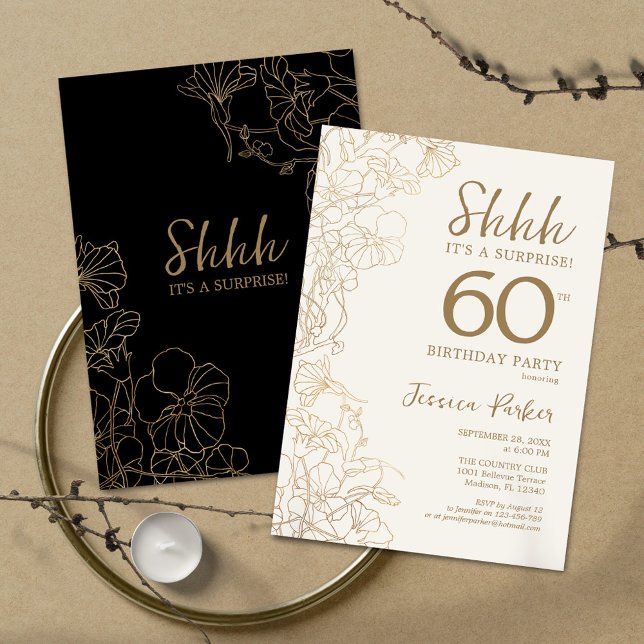 Black Gold Botanical Surprise 60th Birthday Invitation (Creator Uploaded)