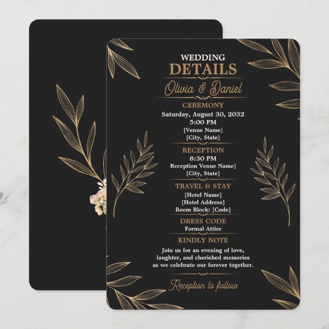 Black Gold Botanical Wedding Details Card Editable (Front/Back)