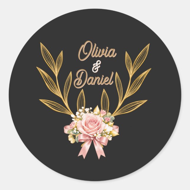 Black Gold Botanical Wedding Envelope Sticker (Front)