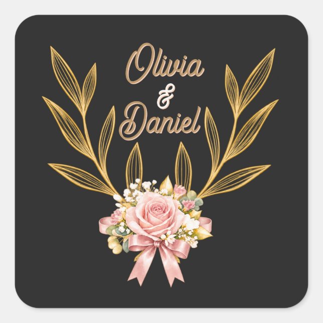 Black Gold Botanical Wedding Envelope Sticker (Front)