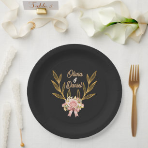 Black Gold Botanical Wedding Paper Plates
