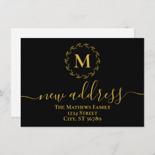 Black Gold Botanical Wreath Monogram New Address Announcement