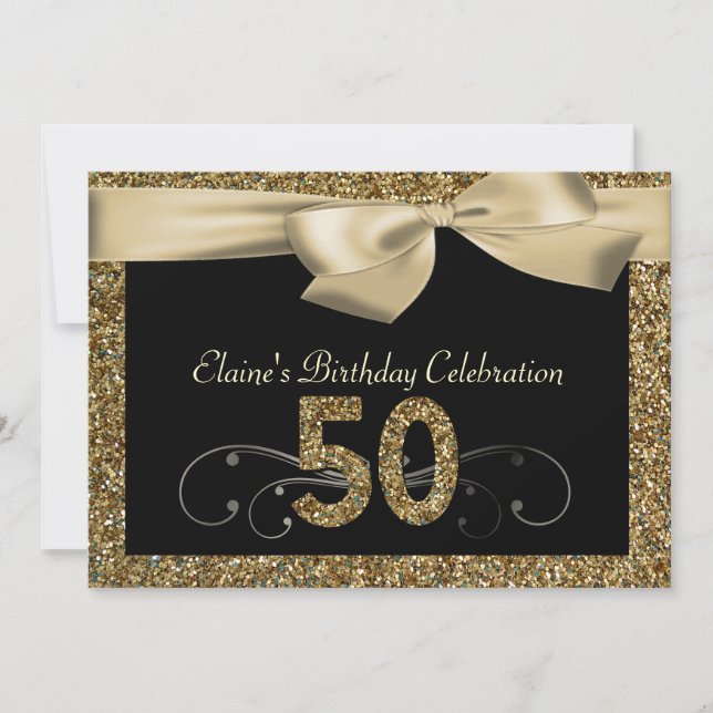 Black Gold Bow 50th Woman's Birthday Invitation (Front)