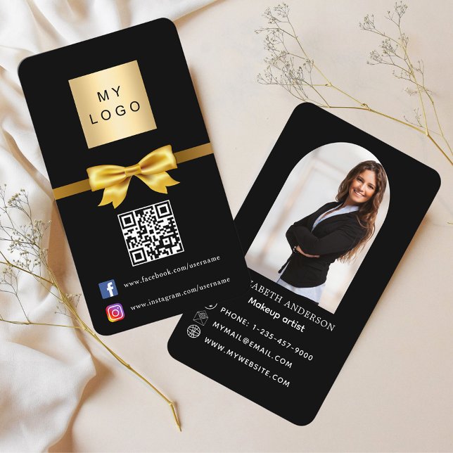 Black gold bow arch photo Qr code social media Business Card (Creator Uploaded)