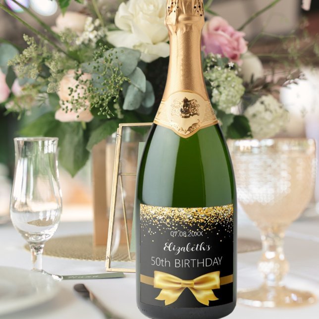 Black gold bow birthday sparkling wine label (Creator Uploaded)