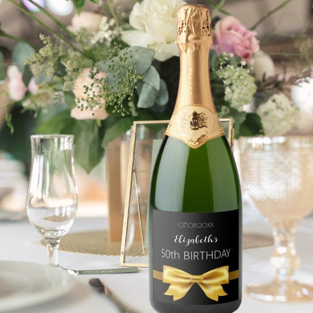 Black gold bow elegant birthday sparkling wine label (Creator Uploaded)