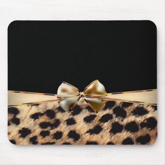 Black & Gold Bow Leopard Cheetah Animal Print Mouse Pad (Front)