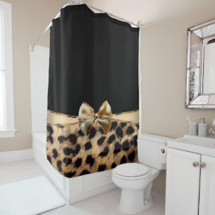 Black & Gold Bow Leopard Cheetah Animal Print Shower Curtain