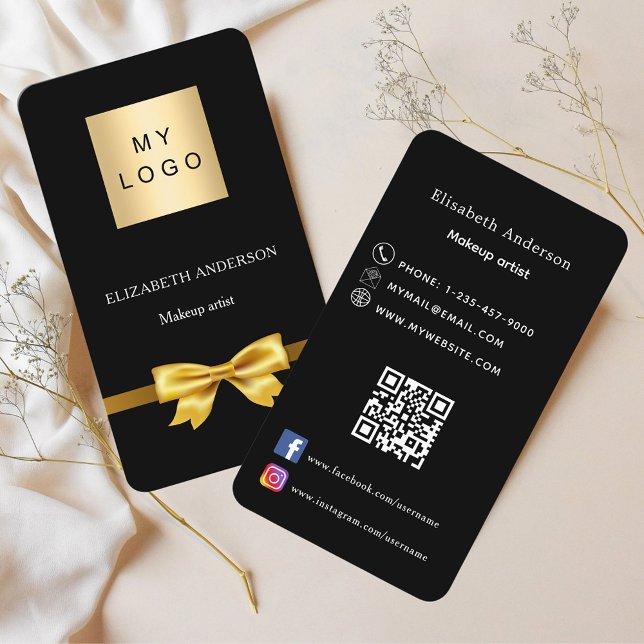 Black gold bow logo Qr code social media Business Card (Creator Uploaded)