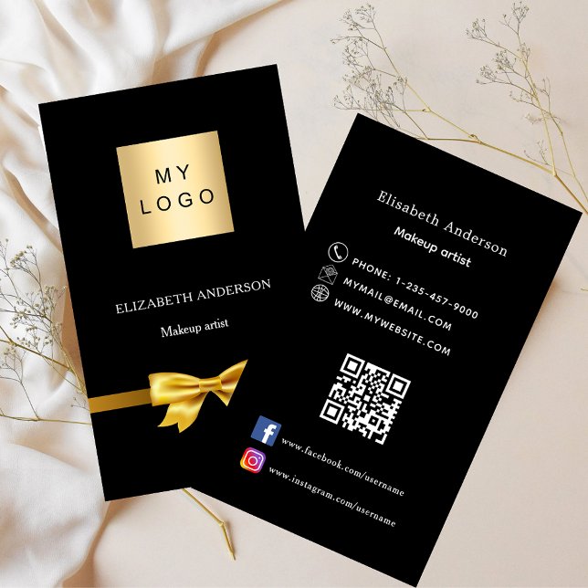 Black gold bow logo Qr code social media Business Card (Creator Uploaded)