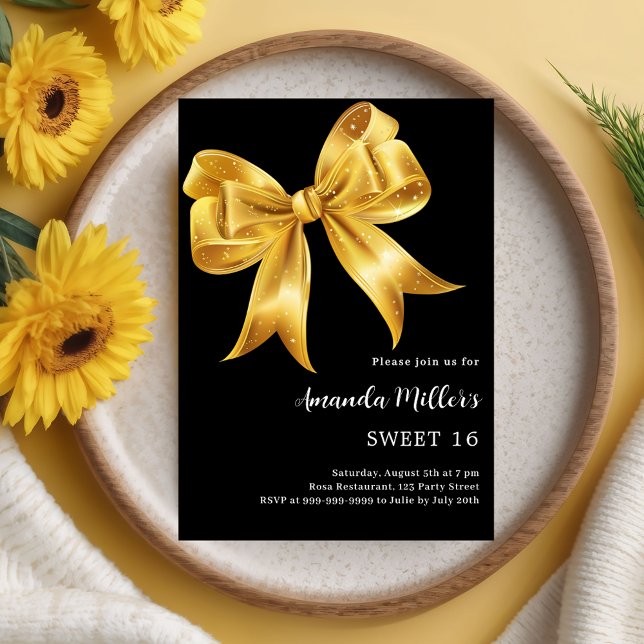 Black gold bow luxury Sweet 16 Invitation (Creator Uploaded)