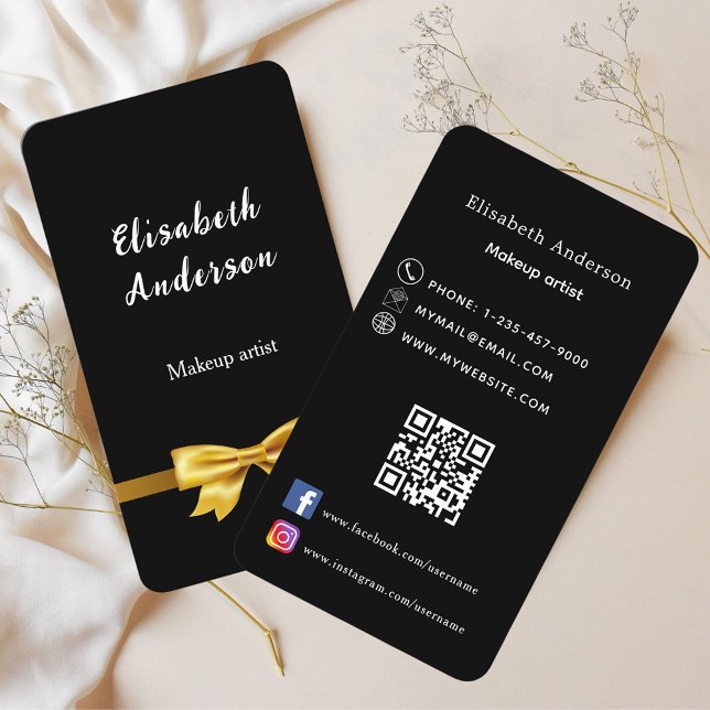 Black gold bow Qr code social media Business Card (Creator Uploaded)