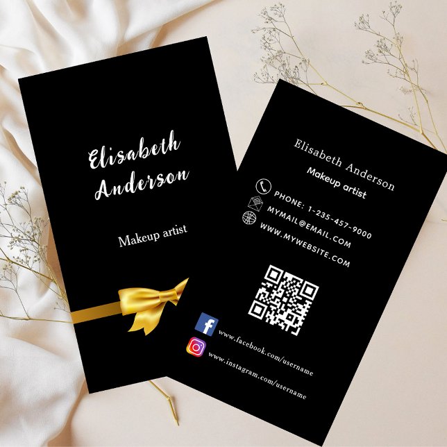 Black gold bow Qr code social media premium Business Card (Creator Uploaded)