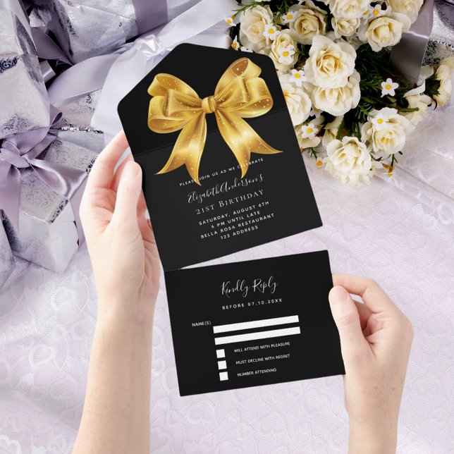 Black gold bow rsvp birthday all in one invitation (Creator Uploaded)