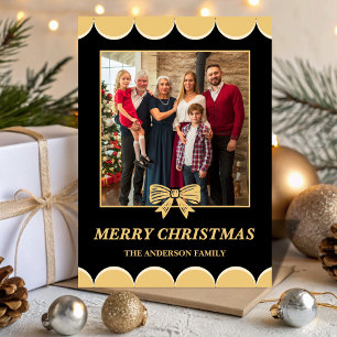 Black & Gold Bow Scalloped Family Christmas Photo Holiday Card
