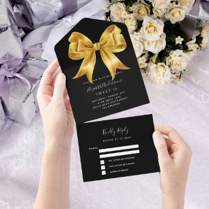 Black gold bow Sweet 16 rsvp All In One Invitation