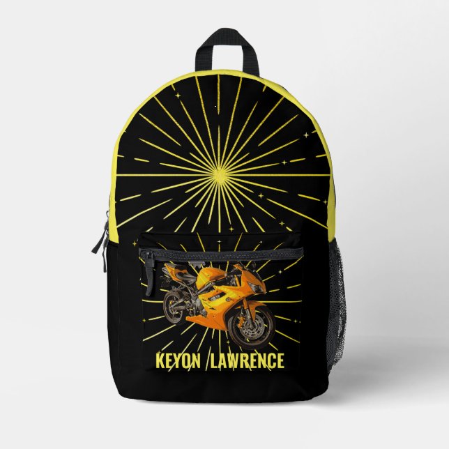 Black & Gold Boy Motorbike Motorcycle Bike Custom  Printed Backpack (Front)