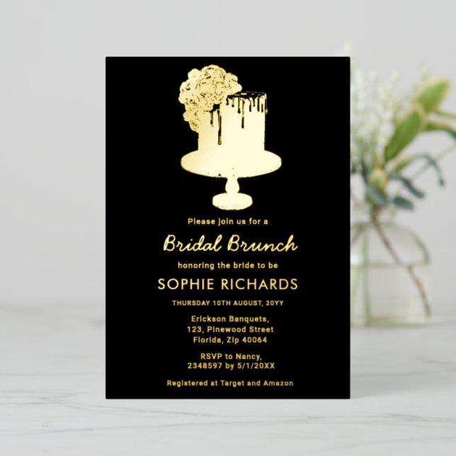 Black Gold Bridal Brunch Luncheon Foil Invitation (Standing Front)