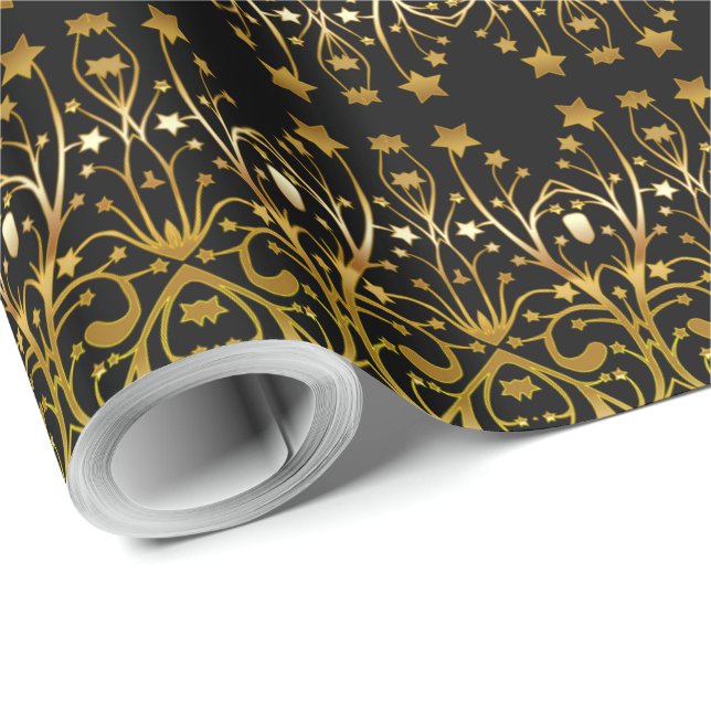 Black Gold Brown Elegant Chic Stars Pattern Wrapping Paper (Roll Corner)