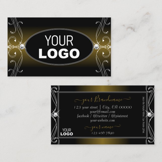 Black Gold Brown Ornate Sparkle Diamonds with Logo Business Card (Front/Back)