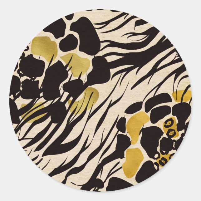 Black Gold Brown Zoo Animals Safari Print Party Classic Round Sticker (Front)