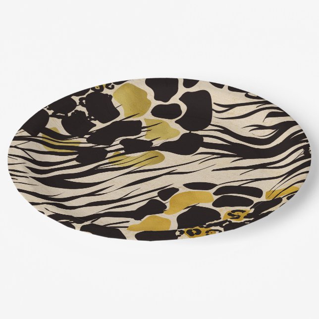 Black Gold Brown Zoo Animals Safari Print Party Paper Plate (Angled)