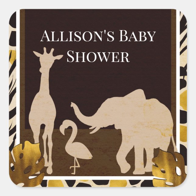 Black Gold Brown Zoo Animals Safari Print Party Square Sticker (Front)