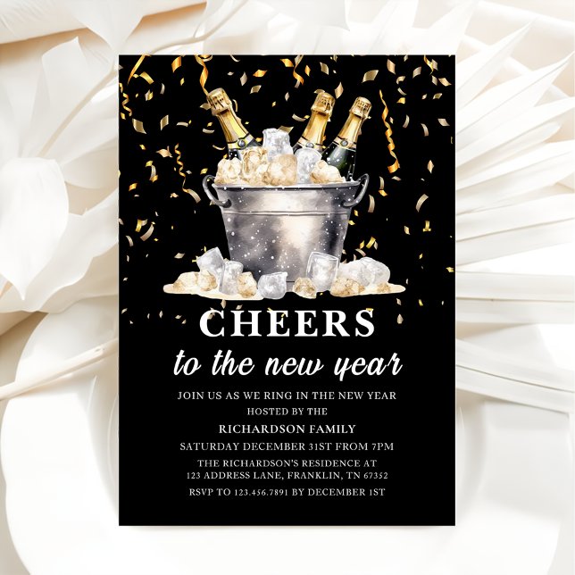 Black Gold Budget Champagne Cheers New Year Party Invitation (Creator Uploaded)