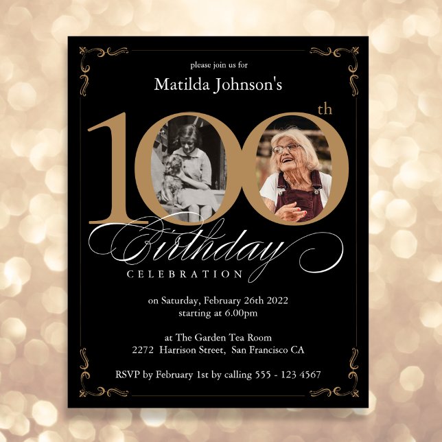 Black Gold Budget Photo 100th Birthday Invitation (Mockup View)