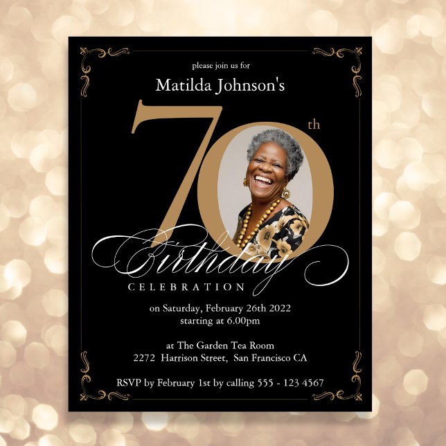Black Gold Budget Photo 70th Birthday Invitation (Mockup View)