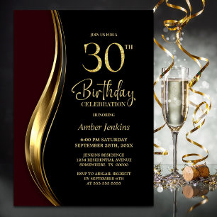 Black Gold Burgundy 30th Birthday Party Invitation
