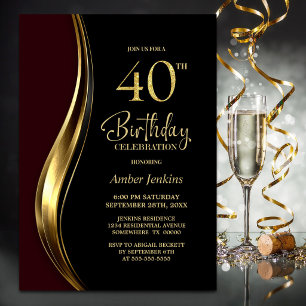 Black Gold Burgundy 40th Birthday Party Invitation