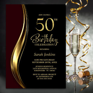 Black Gold Burgundy 50th Birthday Party Invitation