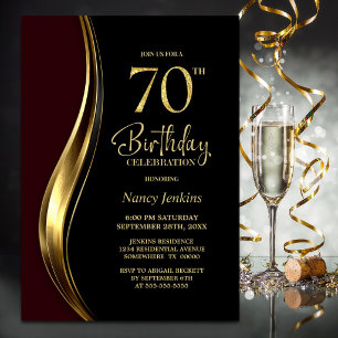 Black Gold Burgundy 70th Birthday Party Invitation