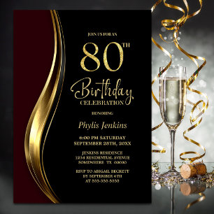 Black Gold Burgundy 80th Birthday Party Invitation