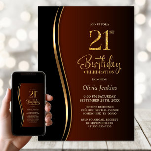 Black Gold Burnt Orange 21st Birthday Party Invitation