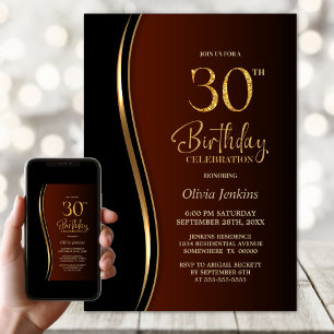 Black Gold Burnt Orange 30th Birthday Party Invitation