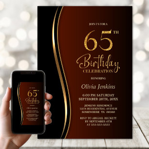 Black Gold Burnt Orange 65th Birthday Party Invitation