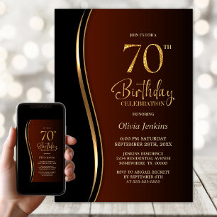 Black Gold Burnt Orange 70th Birthday Party Invitation