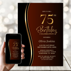 Black Gold Burnt Orange 75th Birthday Party Invitation