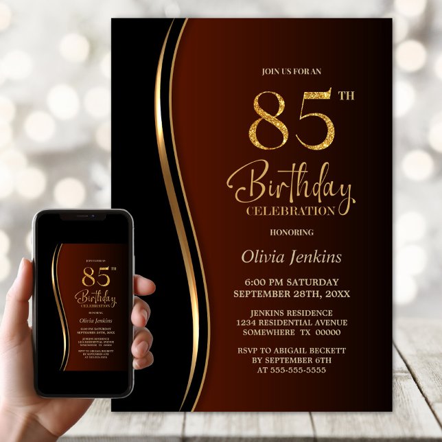 Black Gold Burnt Orange 85th Birthday Party Invitation (Creator Uploaded)