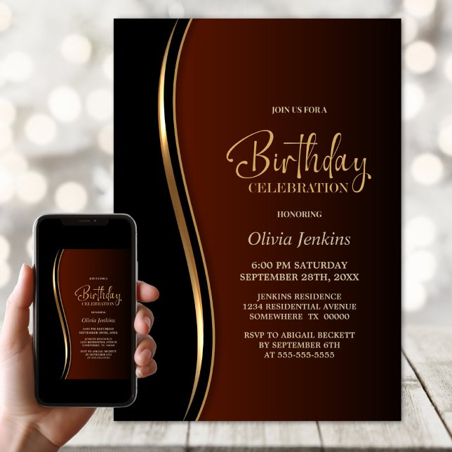 Black Gold Burnt Orange Birthday Party Invitation (Creator Uploaded)
