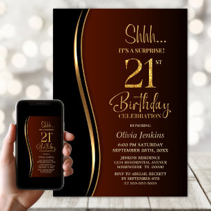 Black Gold Burnt Orange Surprise 21st Birthday Invitation