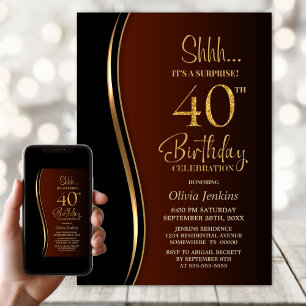 Black Gold Burnt Orange Surprise 40th Birthday Invitation