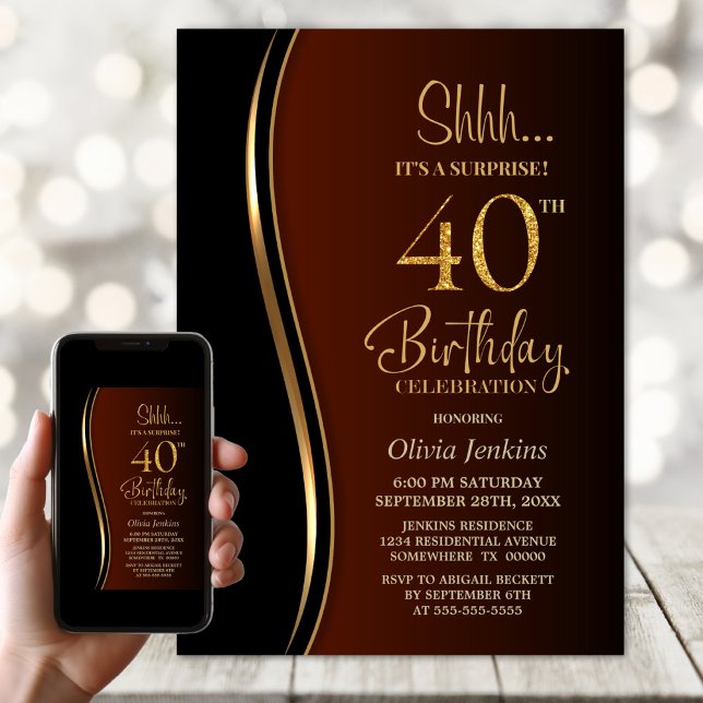 Black Gold Burnt Orange Surprise 40th Birthday Invitation (Creator Uploaded)
