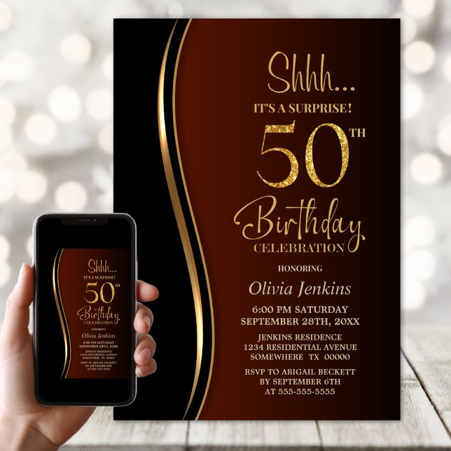 Black Gold Burnt Orange Surprise 50th Birthday Invitation (Creator Uploaded)