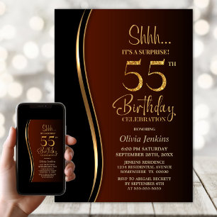 Black Gold Burnt Orange Surprise 55th Birthday Invitation