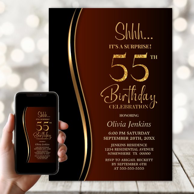 Black Gold Burnt Orange Surprise 55th Birthday Invitation (Creator Uploaded)