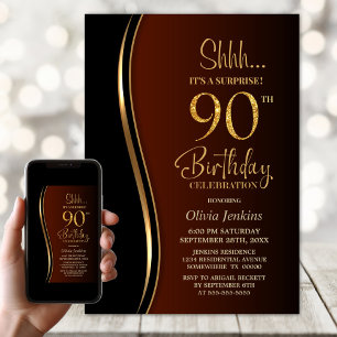 Black Gold Burnt Orange Surprise 90th Birthday Invitation