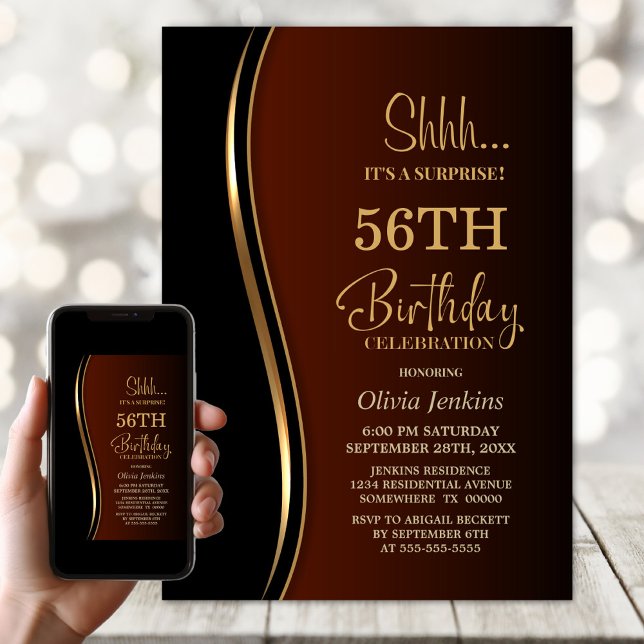 Black Gold Burnt Orange Surprise Birthday Party Invitation (Creator Uploaded)